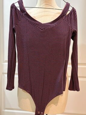 Express One Eleven Striped Cutout Shoulder Bodysuit Women’s